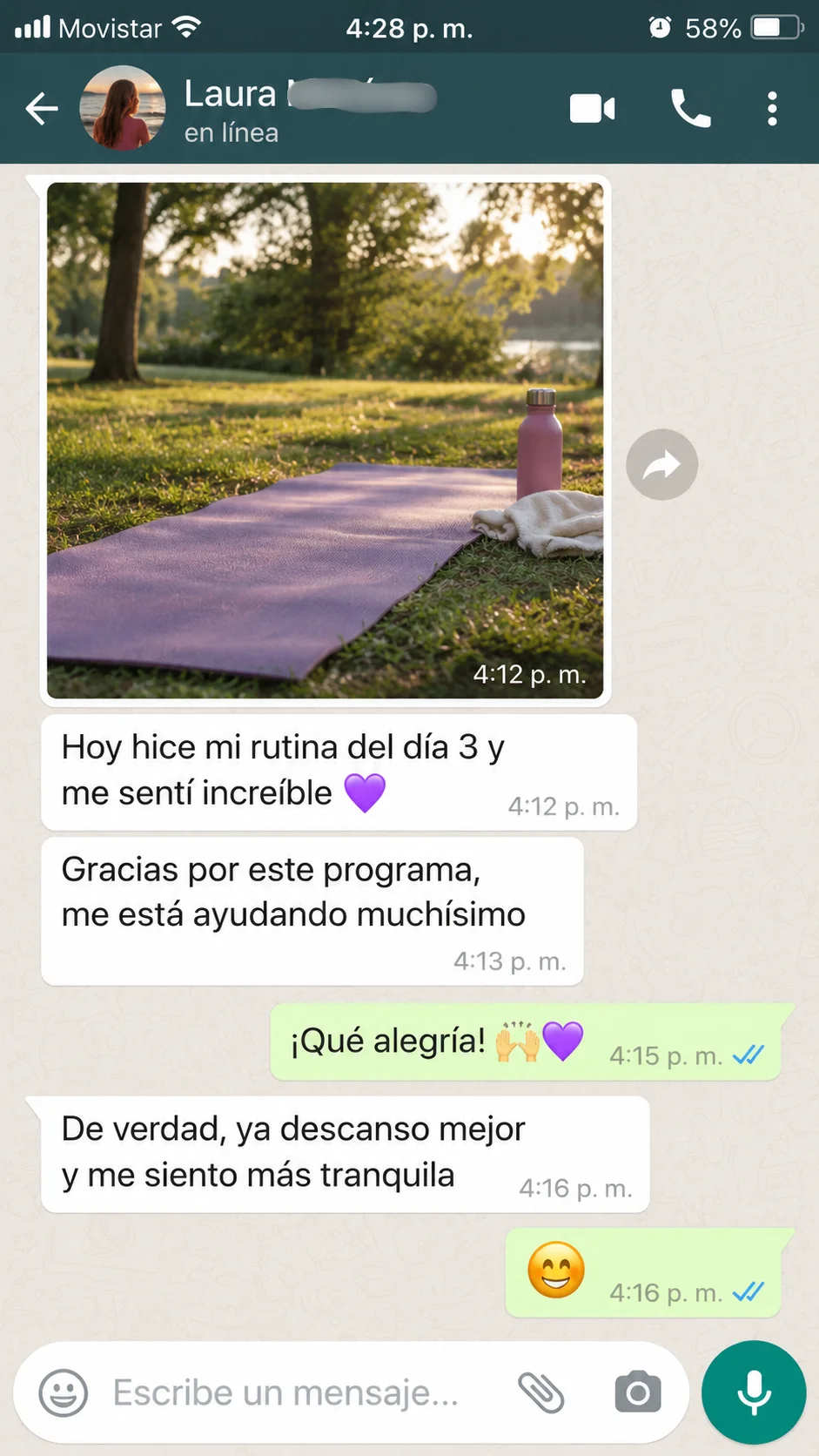 Testimonio de Laura: hizo la rutina del día 3, descansa mejor y se siente más tranquila