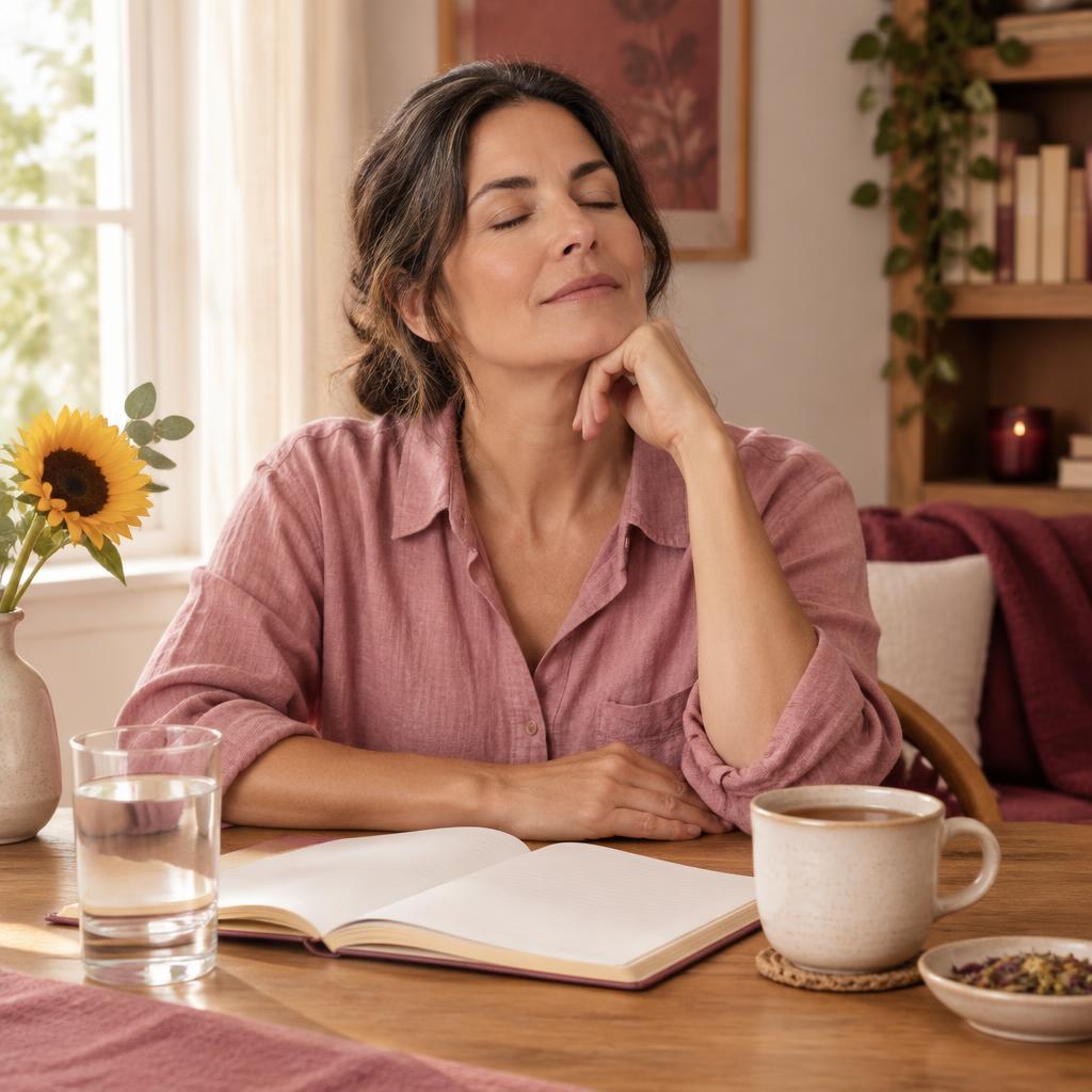 Mujer haciendo una pausa tranquila con su cuaderno y una infusión